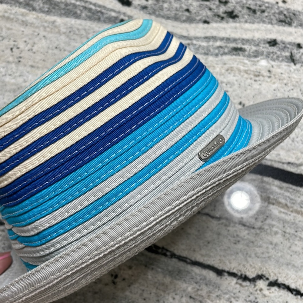 Calvin Klein Striped Fedora Sun Hat Blue Cream